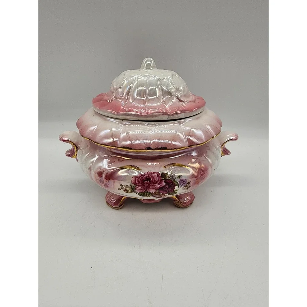Vintage Pink Lusterware Floral Ceramic Lidded Dish Gold Trim Footed Tureen 6x7